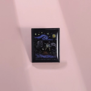 Artistic Van Gogh style enamel pin featuring a van by the river under the starry night