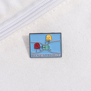 Cartoon enamel pin explaining electricity with Volt Amp and Ohm icons on blue base