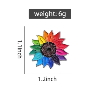 Vue détaillée du pin's tournesol arc-en-ciel avec dimensions 1.1x1.2 inch et poids 6g