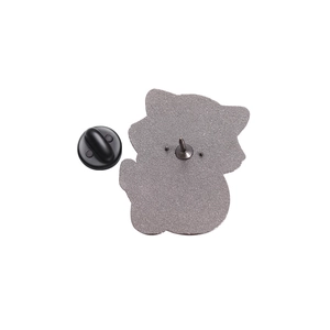 Detailed back view of enamel animal pin with metal post and black rubber clutch backing