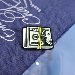 Creative dollar bill enamel brooch with green money stack design and 100 digit detailing