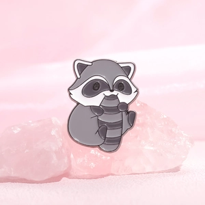 Cute cartoon raccoon enamel pin brooch with grey and white zinc alloy finish