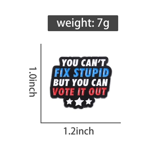 Detailed size view of the enamel pin with political slogan and stars, 1.2 x 1.0 inch