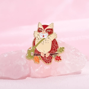 Broche en émail hibou messager mignon sur pierre rose avec sac de courrier