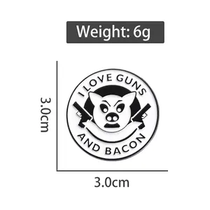 Round metal enamel badge featuring a cool pig with guns and 3.0cm size specifications