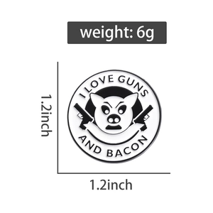 Detail view of 1.2-inch Guns and Bacon pig badge with 6g weight and size specifications