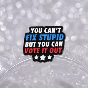 Enamel pin with You Can't Fix Stupid But You Can Vote It Out quote on black background