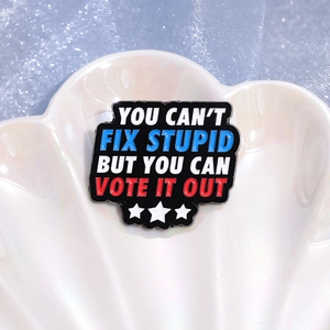 Funny black enamel pin with YOU CAN'T FIX STUPID BUT YOU CAN VOTE IT OUT slogan and stars