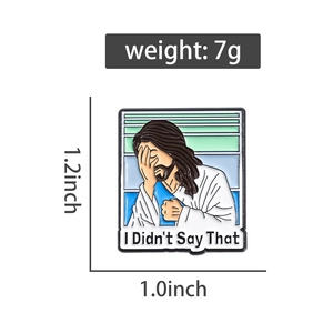 Detail view of cartoon enamel pin with I Didn't Say That text and size specifications