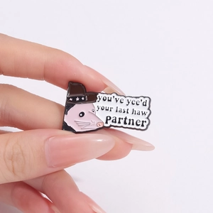 Funny pink opossum cowboy enamel pin with you've yee'd your last haw partner slogan