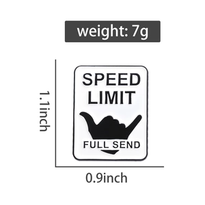 Detail view of Shaka hand sign enamel pin with Speed Limit Full Send text on white background