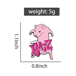 Detailed size chart of pink cartoon opossum enamel pin with RATZ text, 1.1x0.8 inches
