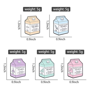 Set of five colorful milk carton pins with funny student major icons and dimensions