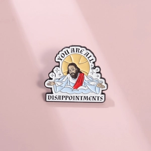 Épinglette en émail dessin animé Jésus avec slogan drôle sur fond violet