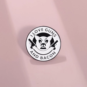 Funny pig badge with I Love Guns And Bacon text on a pink textured background