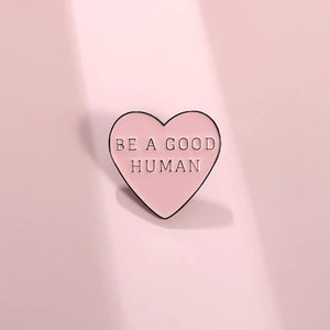 Pink Heart Shaped Enamel Brooch Pin With Be A Good Human Lettering Alloy Metal Badge For Backpack Clothes Accessories