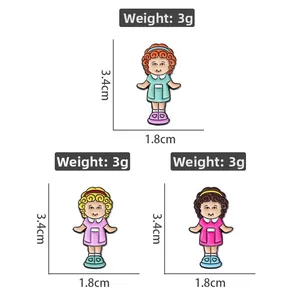 Detailed size chart for curly-haired cartoon girl enamel pins showing 3.4cm height