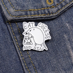 Cartoon white mouse eating cheese enamel brooch pin with Eat Cheese And Sin slogan