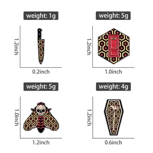Size chart for horror film pins showing weights and dimensions in inches on white background
