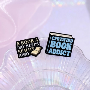 Bookworm series enamel brooch set with creative slogans on black and blue book shapes