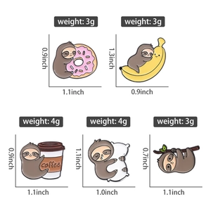Detailed technical drawing of sloth enamel pins with weight and size specifications