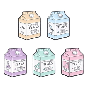 5-piece set of cartoon milk box enamel pins in vibrant colors for students and professionals