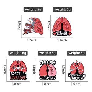 Set of 5 lung enamel pins with red flowers and stethoscope medical theme jewelry