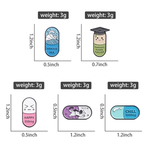 Detailed size specifications for creative medical capsule enamel pins with various designs