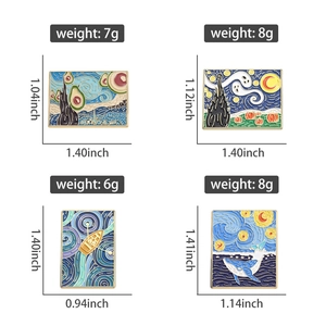Detailed size and weight chart for Van Gogh style enamel brooches with artistic pins