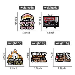 Detail view of colorful enamel pins with dimensions and weights on white background