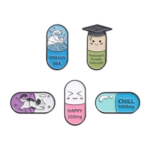 5pcs set of creative medical capsule enamel pins with funny slogans and cute icons