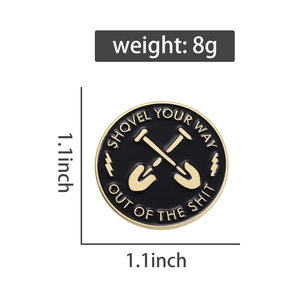Detail showing cross shovels badge size 1.1 inch and weight 8g on white background