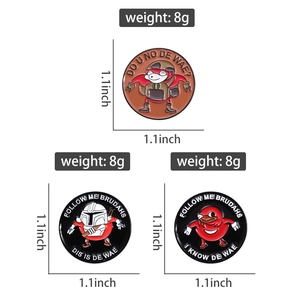 Detailed view of three enamel pins featuring cartoon meme designs with size measurements