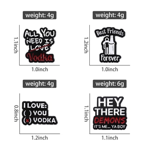Set of four minimalist enamel pins with LOVE letters and humor quotes on white background