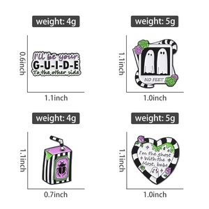 Detailed views of creative Beetlejuice themed enamel pins with size and weight measurements