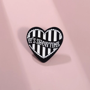 Creative Heart Shape Enamel Pin Brooch Black White Vertical Stripes IT'S SHOWTIME Letter Alloy Badge Fashion Jewelry Gift