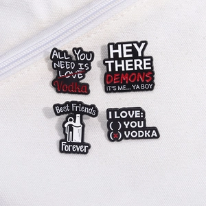 Set of 4 black enamel funny letter lapel pins with Best Friends Forever vodka quotes