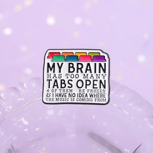 Geometric browser enamel pin featuring colorful tabs and humorous brain overload text