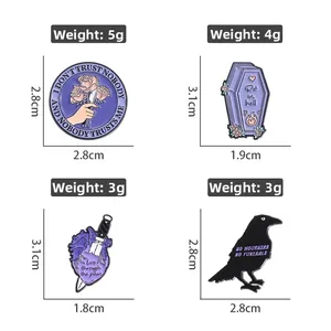 Macro detail of four purple gothic enamel pins with size and weight measurements