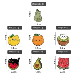 Detailed size and weight chart for cartoon cat and fruit enamel pin badges