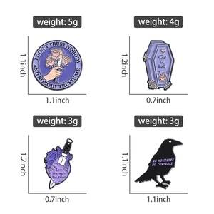 Detailed size and weight specs for Gothic purple enamel badges including coffin and raven