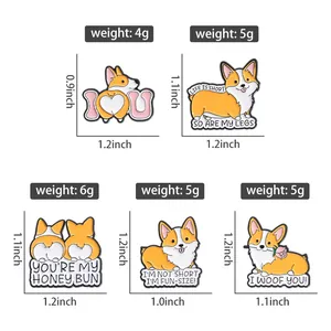 Maattabel met 5 soorten schattige Corgi-spelden met gewicht en afmetingen in inches