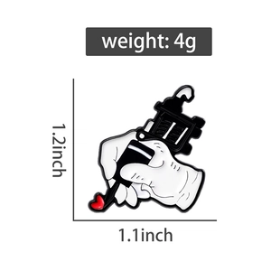 Size chart for a tattoo machine enamel pin with weight 4g and dimensions 1.2 by 1.1 inches