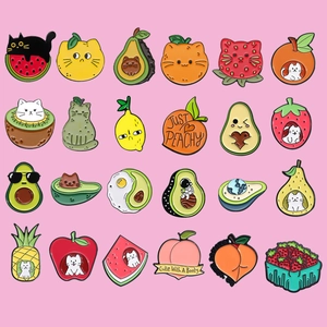 Set of cute colorful fruit enamel pins with creative cat and food designs on pink background