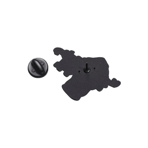Detail of durable black metal pin back and rubber clutch closure for lapel pin badges