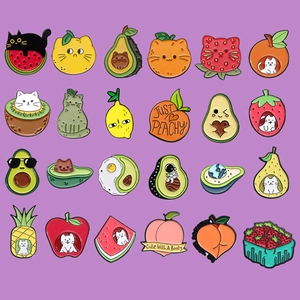 Set of 23 cute cat and fruit enamel pins featuring colorful food designs on purple background