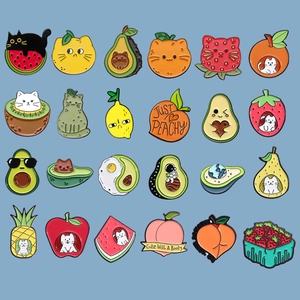 Set of 24 cute enamel fruit and cat badges with colorful enamel coating on blue background