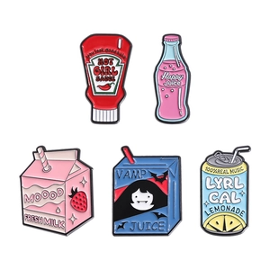 5-piece cartoon enamel pin set with strawberry milk and soda bottle creative designs