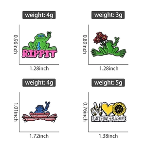 Detailed size chart for enamel frog pins featuring sunflower and patriotic motifs