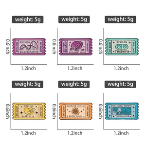Vue détaillée montrant les dimensions et le poids de six épinglettes en émail coloré